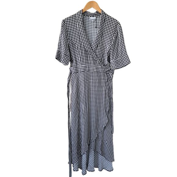 GANNI Black & White Gingham Check Midi Wrap Dress Size 40 (8 US) - Picture 12 of 13